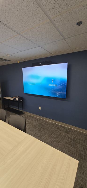 Display on accent wall — Panel centred on a painted accent wall with the console kept low and clear.