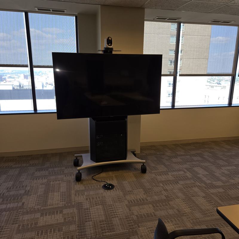 Executive mobile unit — Large display and PTZ camera on a mobile base in a window-lined corner office.