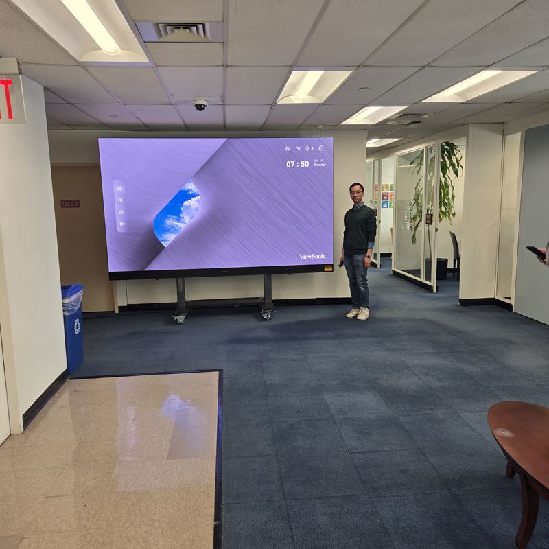 ViewSonic interactive panel — Interactive panel in an open work area — scale shown against a standing figure.